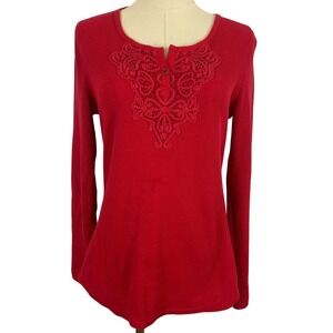 Vintage Y2K Faded Glory Small Red Waffle Knit Lace Henley Top Grunge Cottagecore